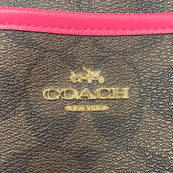 Coach Signature Print File Bag - Crossbody Dark Brown w/ Fuchsia Leather Piping - Picture 3 of 15